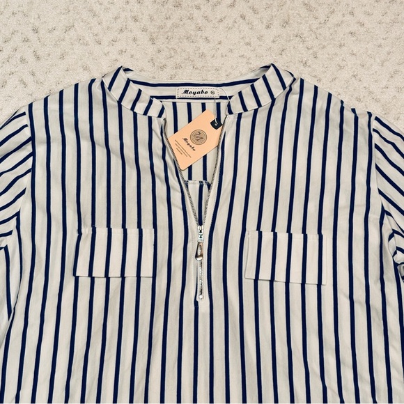 Moyabo Georgette Long Sleeve Blouse NEW Women 2X White Blue Stripe Tunic Gift - Picture 6 of 13